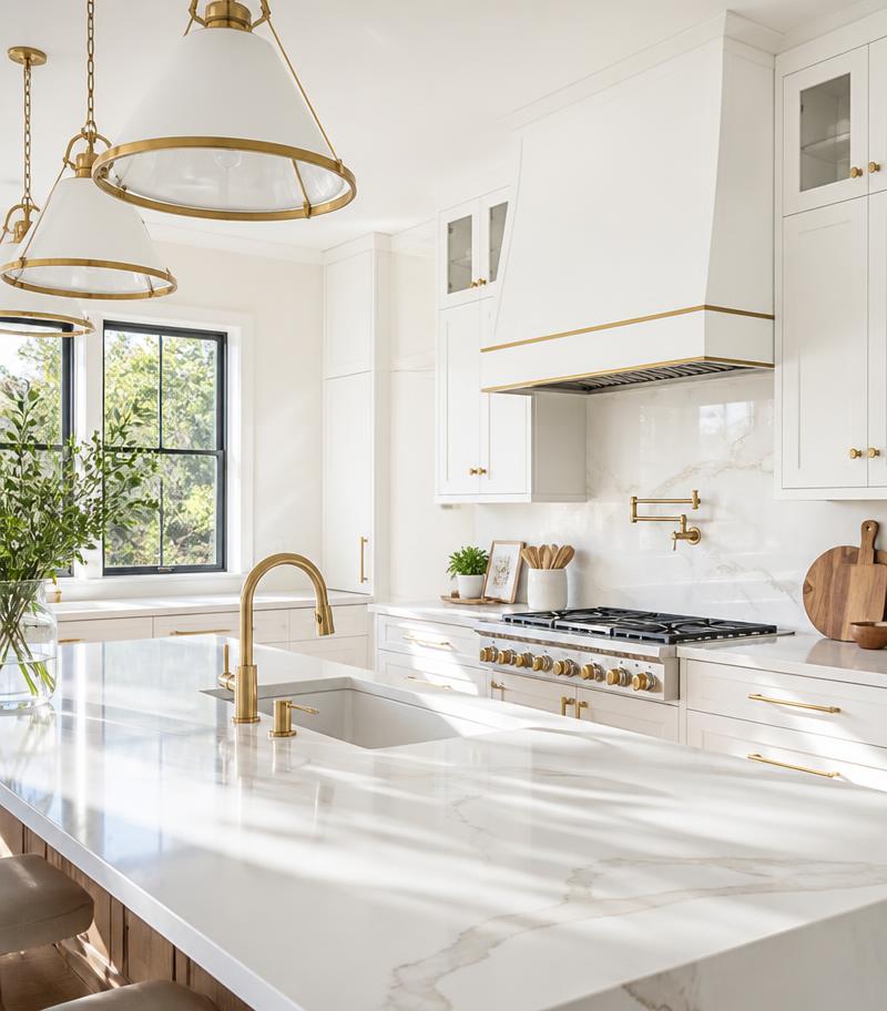 Sunlit kitchen with polished marble countertops after a deep clean